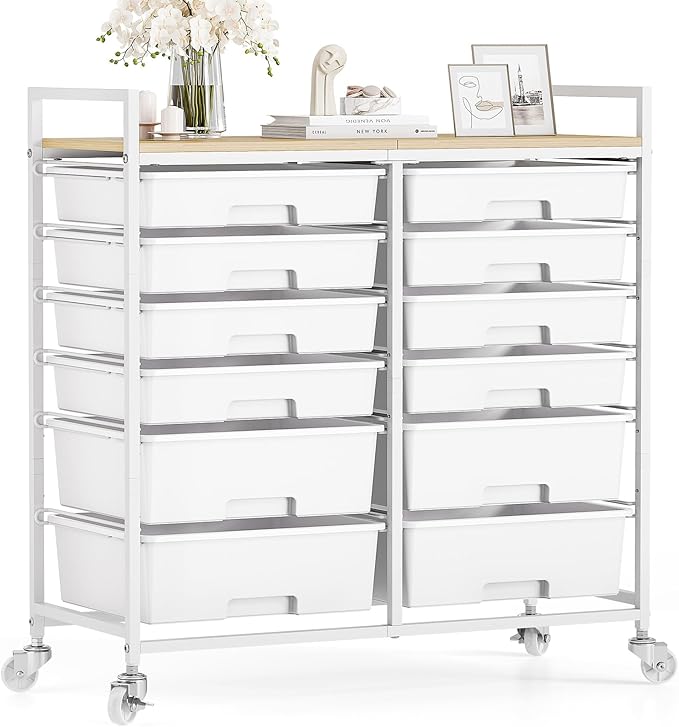 Rolling Storage Cart with 12 Drawers, Wooden Tabletop Utility Cart for Craft Storage, Art Supply Storage & Home Office Organization, Teacher Cart with Wheels for Classroom, School (White)