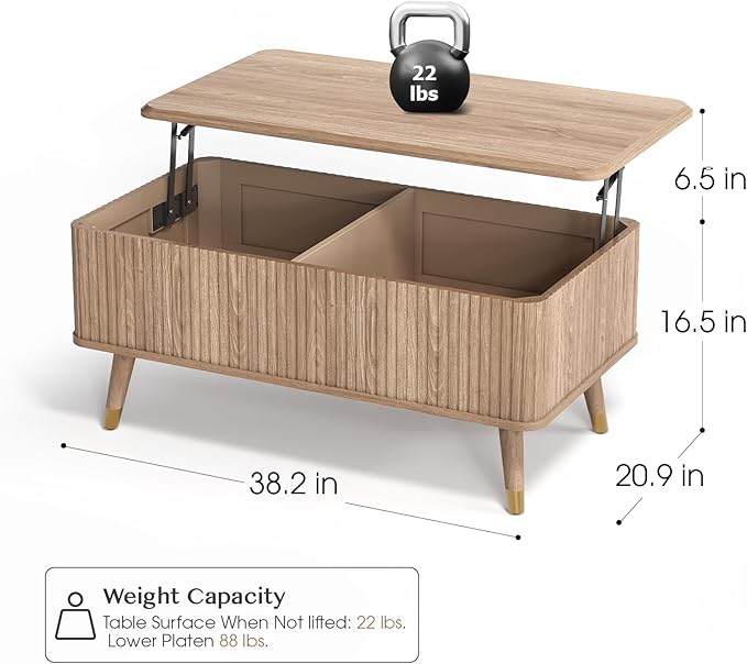 JOINICE Lift Top Coffee Table with Storage,Natural Wood Center Table for Living Room, Modern Farmhouse Oak Fluted Design,Pop-Up Desk for Work & Dining