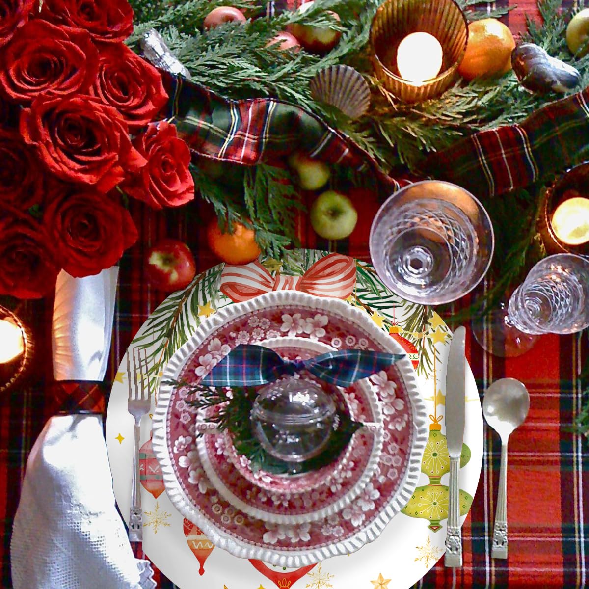 50 Pack Christmas Paper Placemats 13.7 Inch Xmas Disposable Round Place Mats Winter Christmas Ball Table Mats for Holiday New Years Party Home Dinner Table Setting