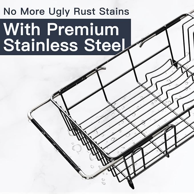MAJALiS Dish Drying Rack Over The Sink with Utensil Holder, Drainboard | Expandable Stainless Steel Dish Drainer for Small Kitchen, Apartment, RV, Counter Space Saving, Perfect Fit, Rustproof