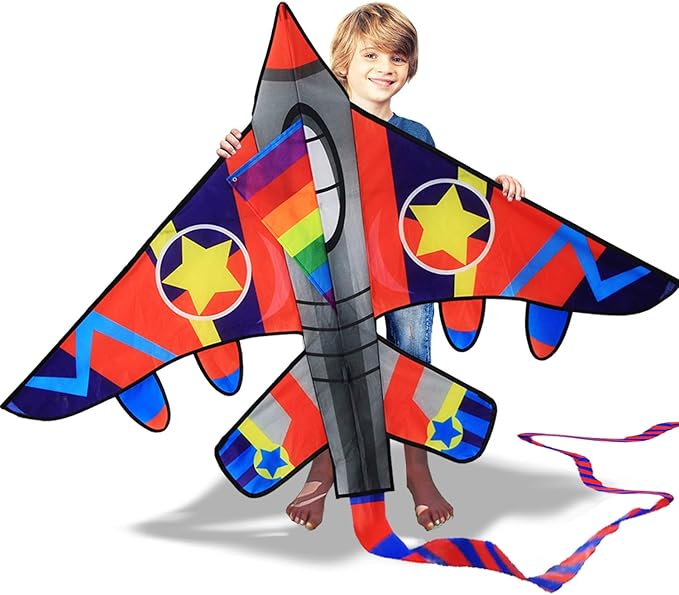 HONBO 58" Fighter Plane - Kite for Kids & Adults, Easy to Fly, Beach Trip Beginner Kite with Reel and 200ft String