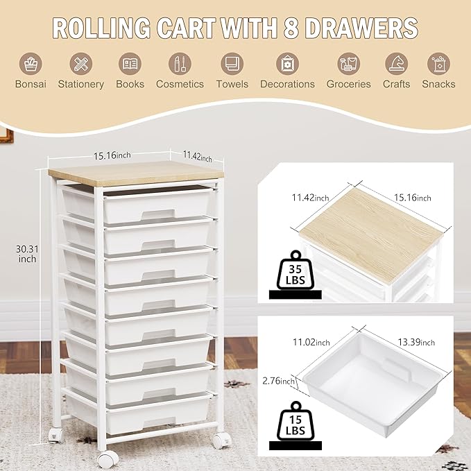 Rolling Cart with 8 Drawers, Storage Drawers Cart with Wooden Tabletop and Lockable Wheels, Craft Storage for Living Room, Office, Classroom, Craft Room, Bedroom