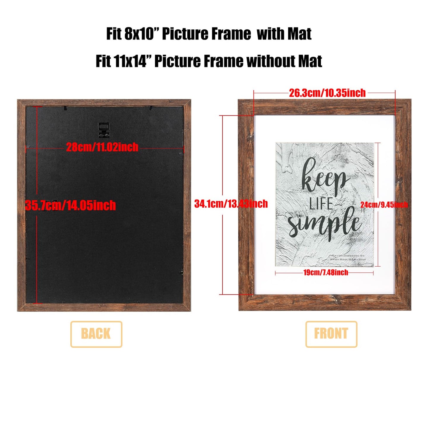 kennethan 11x14 Picture Frame Rotten Brown 2 Pcs Wooden Frame can Display 8x10 Picture with Mat or 11x14 Without Mat on the Wall For home decoration,holiday gift
