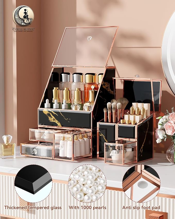 CoralHouse Black Glass Makeup Organizer with Lid, 3-Piece Vanity Organizer with Gold Frame, Cosmetic Display Case for Skincare, Perfume, Lipsticks, Brushes, Bathroom Countertop & Dresser