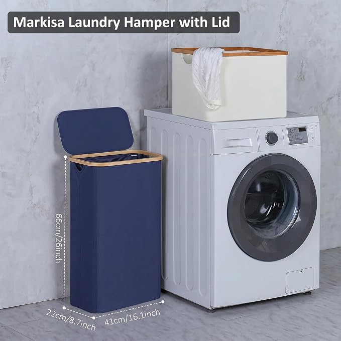 Slim Laundry Basket,60L Laundry Hamper with Lid, Tall Hamper for Laundry,Dirty Cloth Hamper with Bamboo Handle for Toys,Towels, Clothes Organizing, Navy Blue