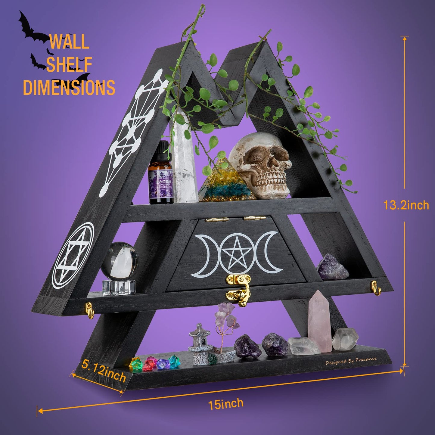 Pracaniz Crystal Shelf with Flap Drawer&Hooks for Wall&Desktop, Crystal Holder as Witchy Room Decor,Moon Phase Triangle Shelf,Witchy Decor&Moon Decor for Bedroom.