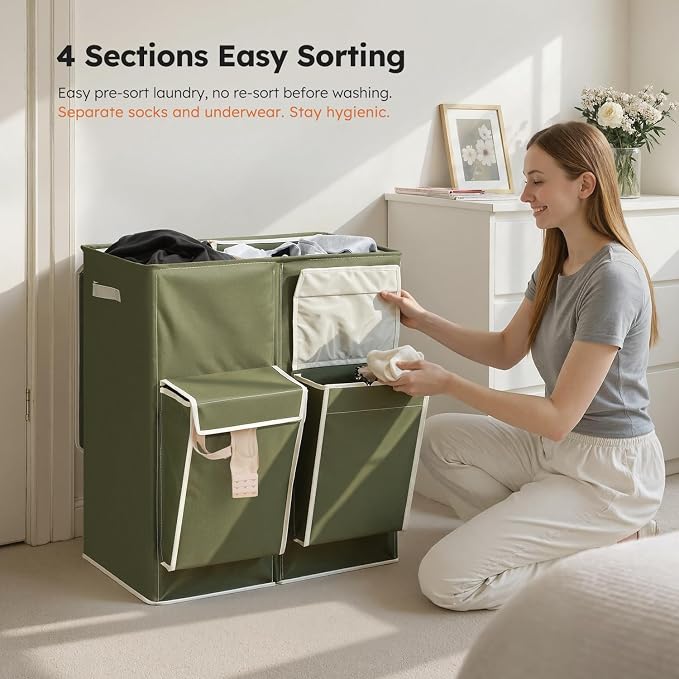 SOLEDI Double Laundry Hamper with Lid, 47.8 Gal (180L) Large Laundr Basket 2 Section with 2 Side Pockets, Dirty Clothes Hamper with Removable Bag, Easy to Carry for Laundry Room, Bedroom, Avocado
