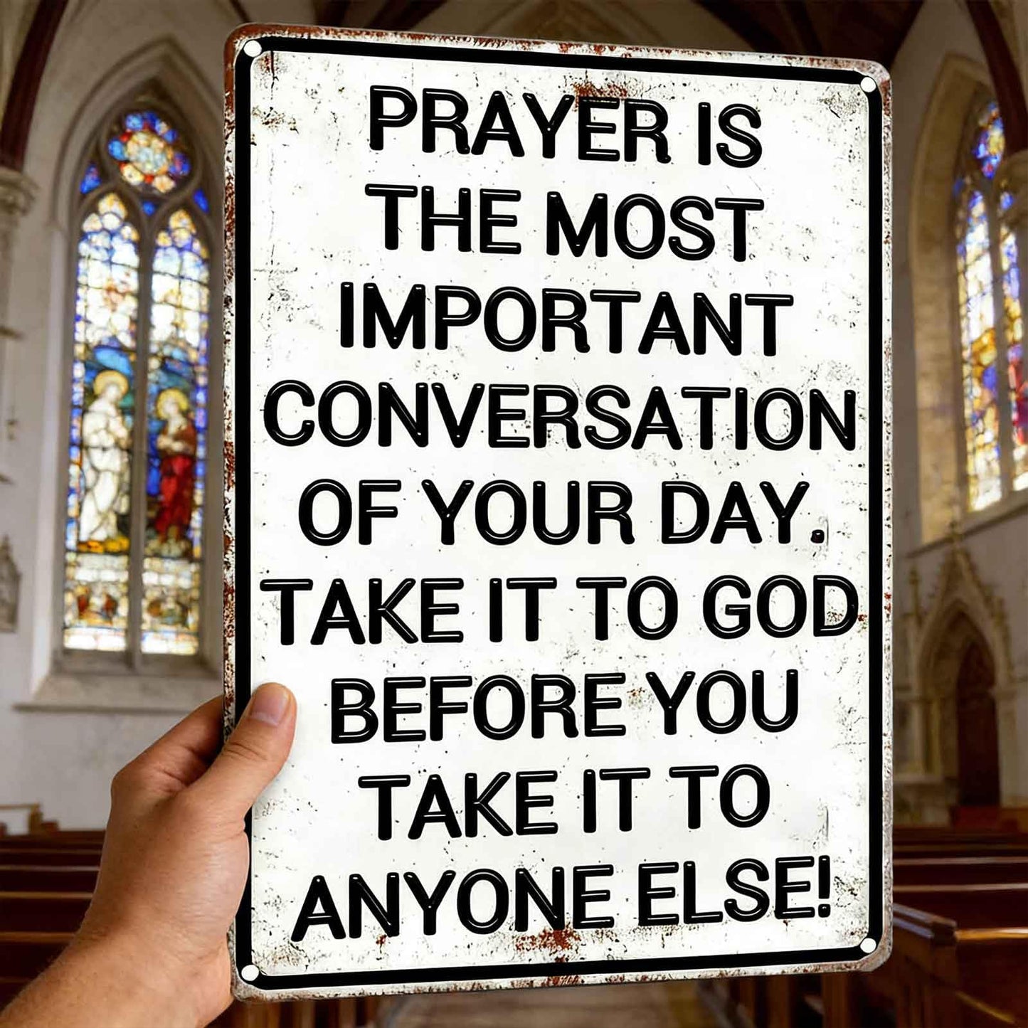 Christian Prayer Metal Wall Art Prayer Is The Most Important Conversation Decor Painting Pictures Black white Signs posters Prints for Interior Outdoor Room Home Nook Study Decoration 8x12In
