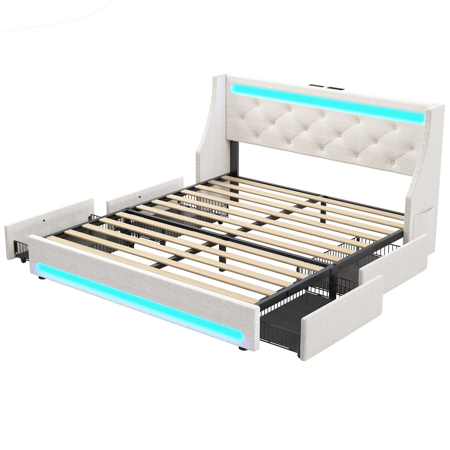Rolanstar Queen Bed Frame with LED Lights and Charging Station, Upholstered Bed with Drawers, Wooden Slats, Noise Free, Easy Assembly, Beige