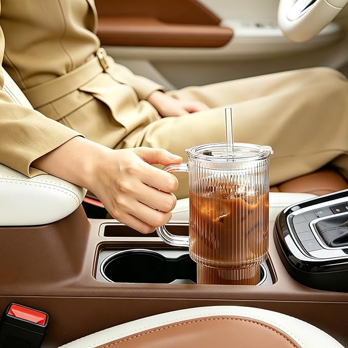 Iced Coffee Cups with Lids: Coffee Bar Accessories - Ribbed Glass Tumbler with Straw and Lid 4 Pack - 24oz Tumbler Leak Proof - Glass Cups and Tumblers with Lid and Straws - Coffee Tumbler with Handle