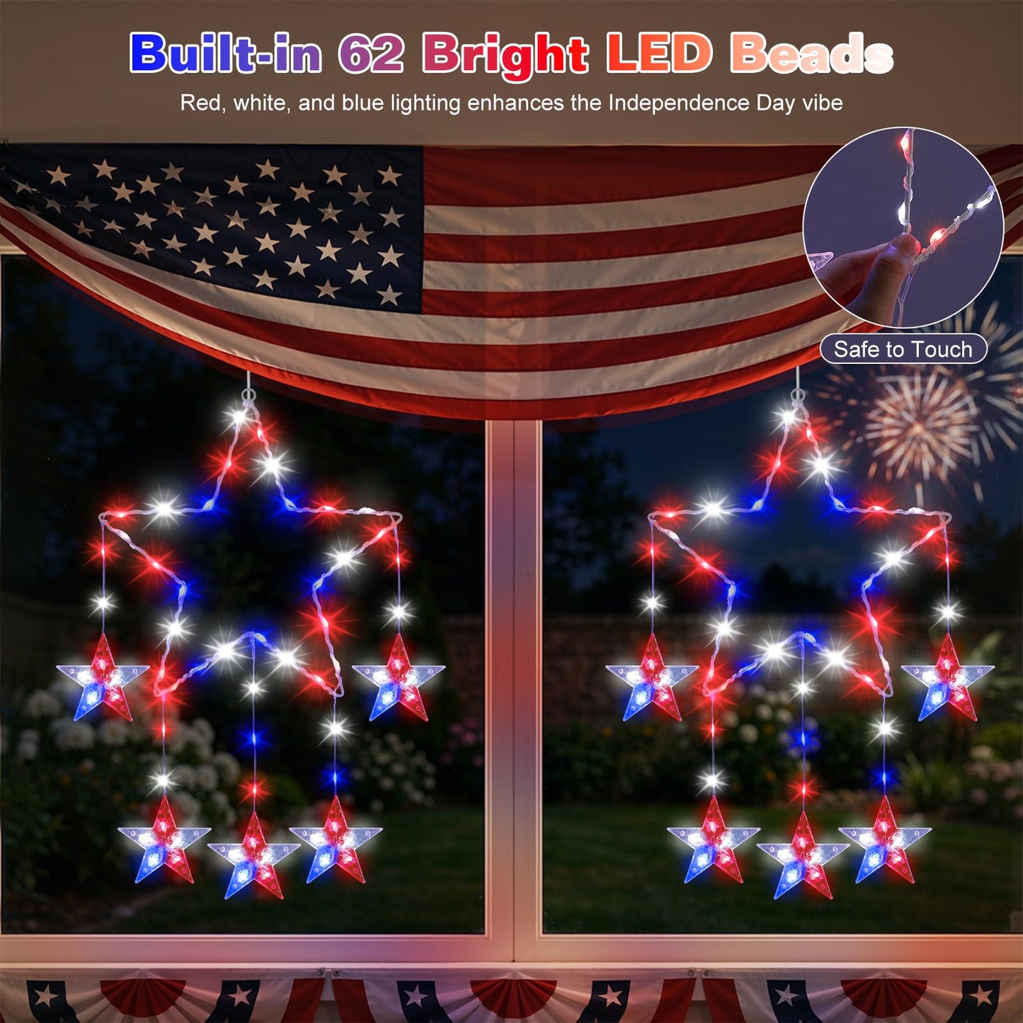 Lewondr 4th of July Decorations, 2 Pack Red White and Blue Window Star Lights with 62 LEDs, Patriotic Star Lights with Remote, 8 Modes & Timer, USB Powered Hanging Light for Independence Memorial Day
