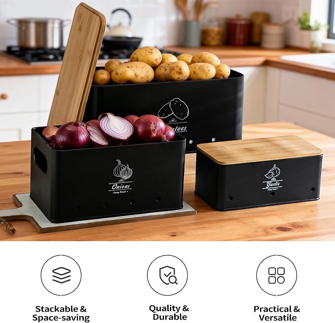 Potato Onion and Garlic Storage Bin Set of 3, Black Metal Kitchen Vegetable Canisters with Bamboo Lid and Aerating Holes, Stackable Kitchen Storage Tin for Countertop Pantry