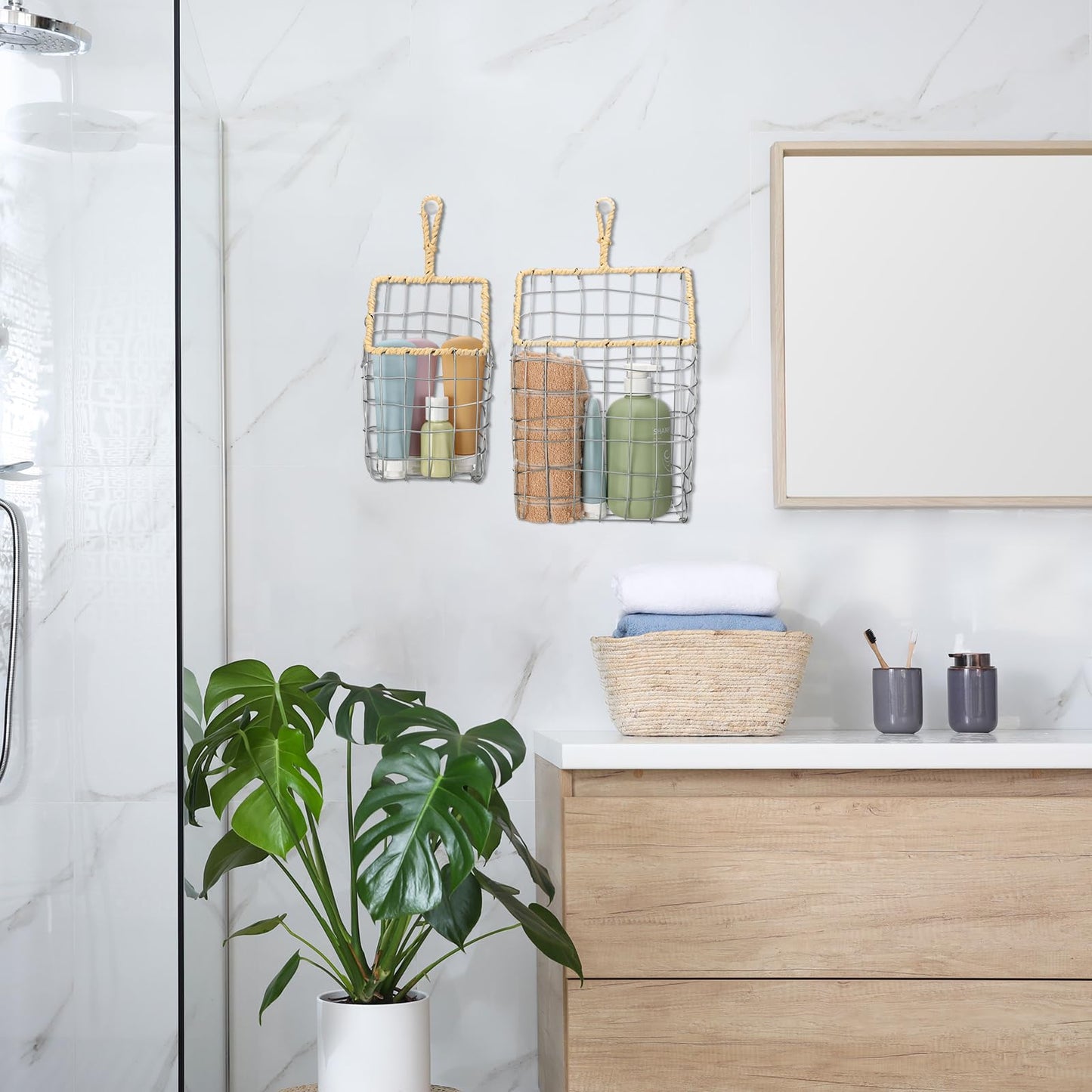 DoubleFill 2 Pcs Hanging Storage Baskets Iron Wire Handwoven Wall Baskets with Wicker Hook Rustic Wall Mounted Organizer for Organizing Mail Files Accessories Kitchen Bathroom Pantry Farmhouse Decor