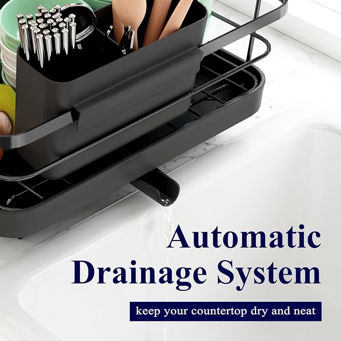 Kitsure Dish Drying Rack for Kitchen Counter, Stainless Steel Sink Organization and Storage Essentials with Cutlery Holder, Home and Appartment Decor, 12.2''W x 15.7''~23''L, Black