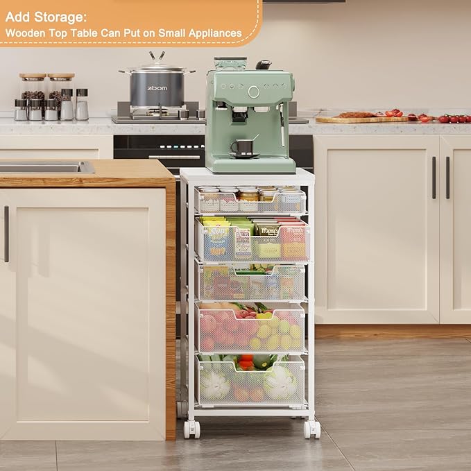 Kitchen Storage Cart with Wheels, 5-Tier Fruit Vegetable Storage Cart, Kitchen Organizer and Storage Cart with Drawers, Wooden Top Metal Wire Pantry Storage Cart for Fruit Snack Onion Potato, White