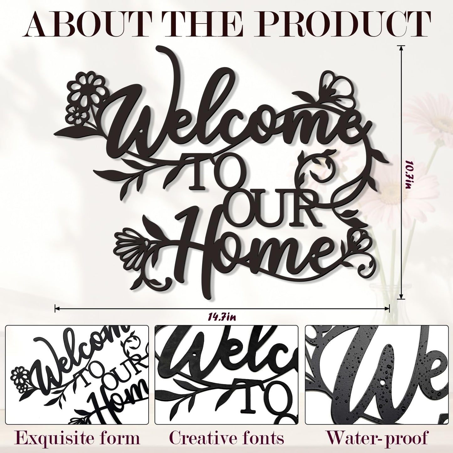 Zzbakress Welcome Sign - Outdoor Metal Wall Decor, Welcome To Our Home Sign Entryway Wall Decor, Text And Flowers Black Metal Wall Art For Living Room, Dining Room, Porch, Entry (Floral)