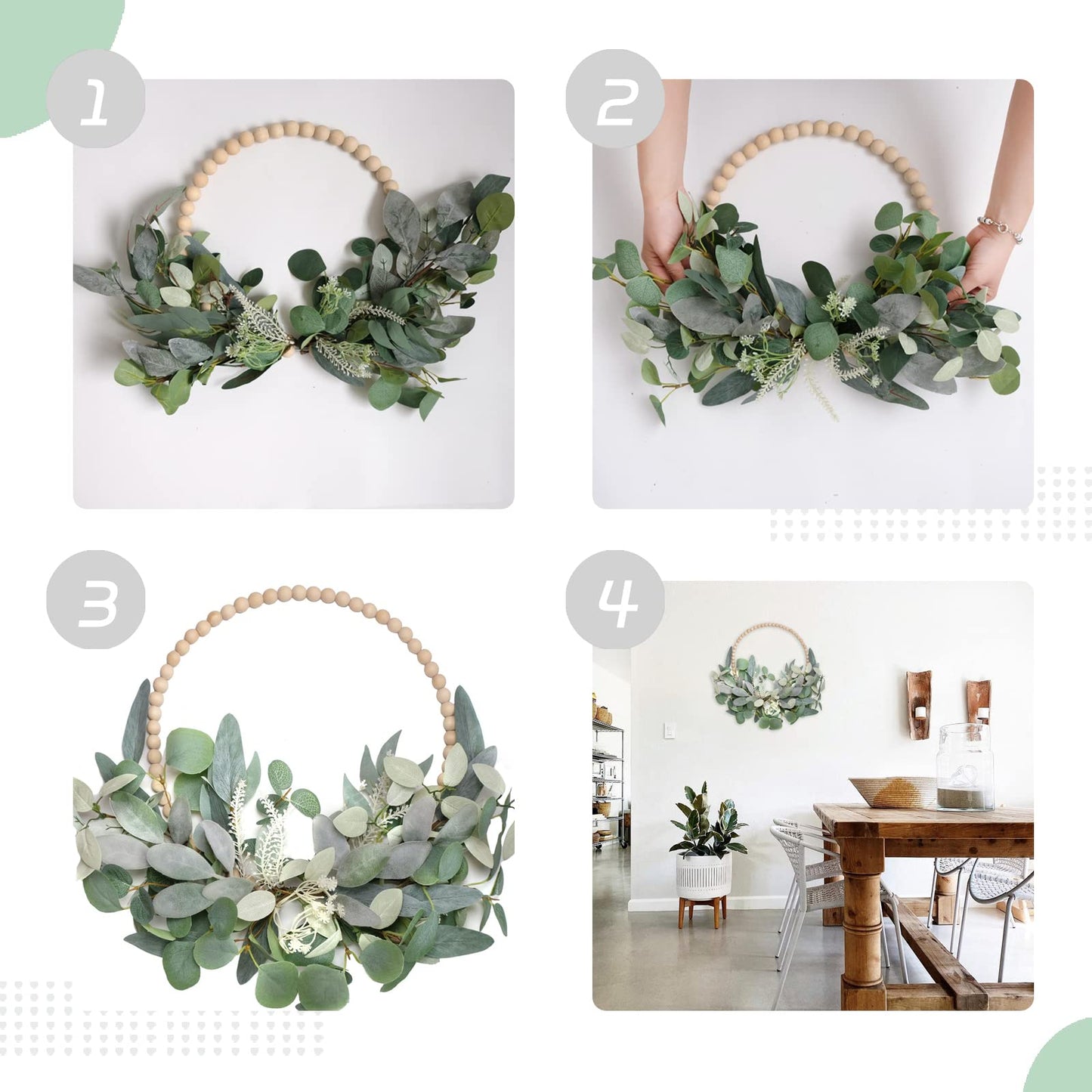 TEMPUS 16” Artificial Wood Bead Eucalyptus Wreath - Indoor/Outdoor Seasonal Farmhouse Door Decor with Artificial Greenery Perfect
