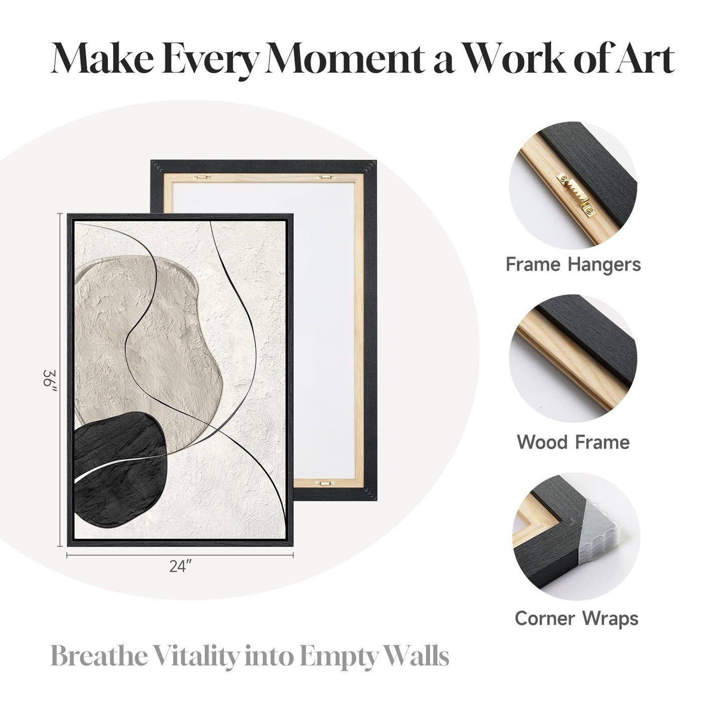 Framed Black and White Abstract Wall Art for Living Room, Large 3 Piece Neutral Minimalist Canvas Artworks, Modern Painting Prints for Dining Room Hallway Home Office Wall Decor, 24x36 In