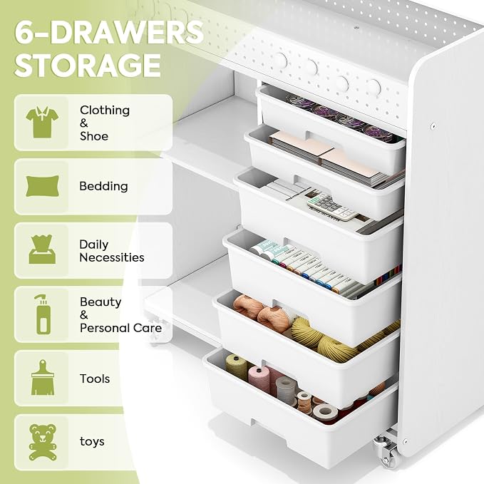 Rolling Storage Cart with Top Pegboard and 6 Drawers, Mobile Utility Cart on Wheels with Locking Brakes, Craft Organizer Lateral File Cabinet for Home, Office and Craft Room – Wood Frame(White)