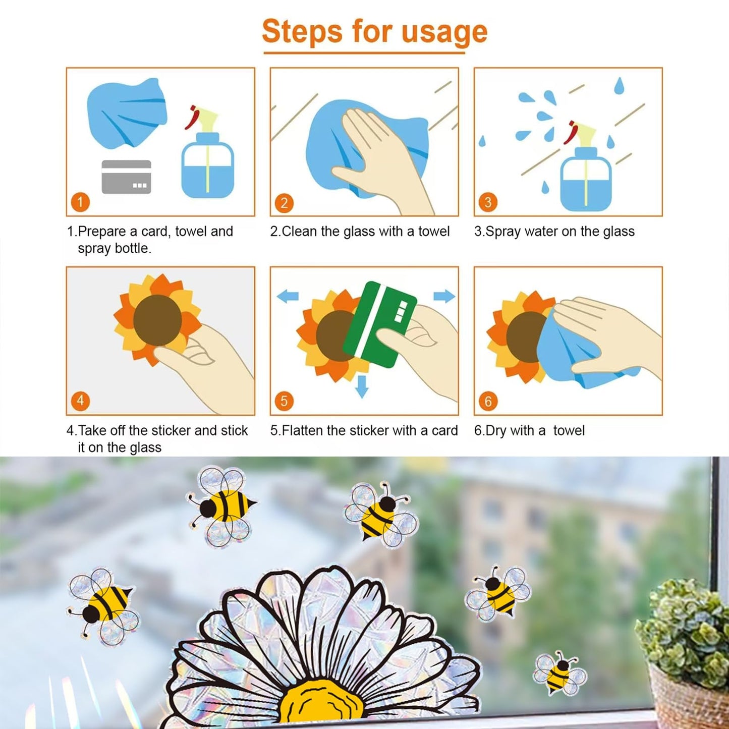 Trantranapa Bee and Sunflower Suncatchers Stickers Prism Glass Decor Anti-Collision Stickers for Birds Vinyl Window Clings Glass Decal for Home Mirror Sticker Flower Window Gels(Bee and Flower)