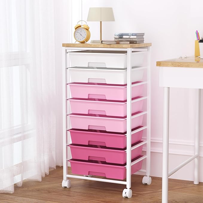 Rolling Cart with 8 Drawers, Storage Drawers Cart with Wooden Tabletop and Lockable Wheels, Craft Storage for Living Room, Office, Classroom, Craft Room, Bedroom