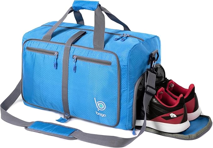 Bago Foldable Duffel Bags for Traveling Women & Men - 60L Medium Packable Duffle Bag for Travel with Shoe Compartment - Water Repellant, Heavy Duty, Lightweight Folding & Collapsible (Blue)