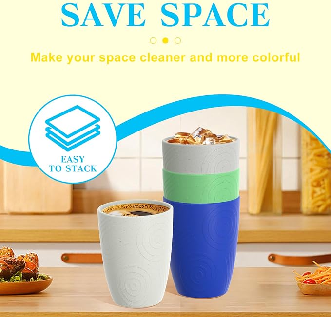 Homienly Drinking Glasses & Everyday Kids Tumblers Wheat Straw Cups 4-Pack Set | Textured Reusable Plastic Cups Essential Kitchen Cups | Dishwasher Safe for Party, Home, Camping (12 oz, Island Color)