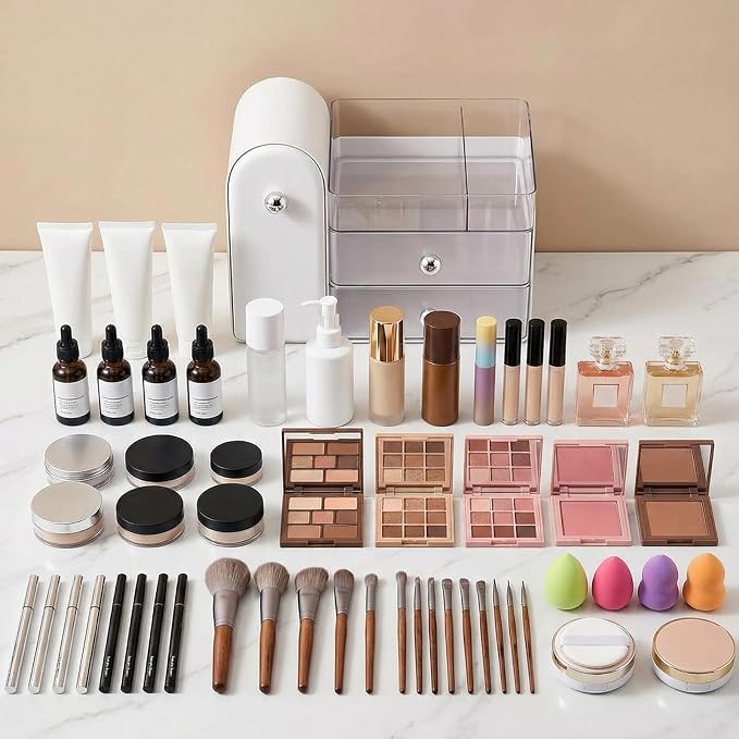 Makeup Organizer with Dustproof Brush Holder, Large Capacity Skincare & Cosmetic Storage for Vanity, 3-Tier Bathroom Countertop Organizer with Drawers for Perfume, Lipstick, Mask, Ideal Gift (White)