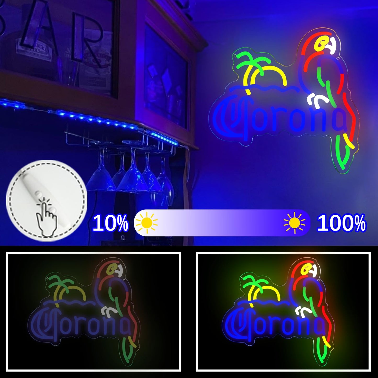 KODGGHK Coron Neon Sign Parrot Neon Lights for Bar Decor, Palm Tree Beer Lights Bar LED Neon Sign Dimmable Light Up Signs Man Cave Home Pub Beer Gift Neon Lamp (Blue)