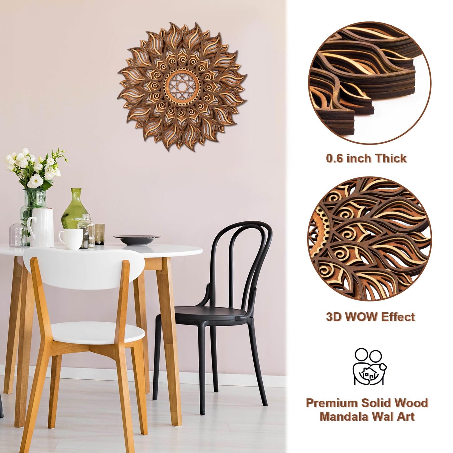 ADDMES 11.8 Inch Sun Wall Decor, Wooden Mandala Wall Art, Hollowed-out Sun Hanging Sign, Multi-layers Lotus Flower Wall Decor, Spiritual Room Decor for Bedroom, Living Room, Farmhouse Decor