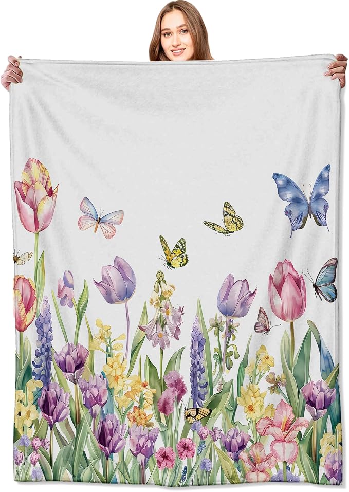 Spring Tulip Flower Blanket Cute Floral Throw Blankets with Colorful Butterfly,Birthday Gifts for Girls Women & Nature Lovers,Lightweight Soft Fleece,for Sofa Couch Bed Room Decor 40x50in