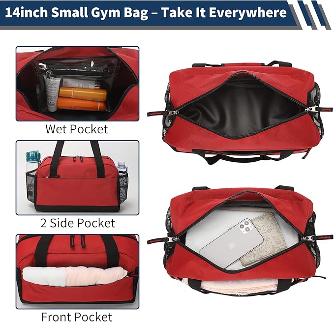 Small Gym Bag with Wet Pocket - 14 inch Mini Duffle Bag for Men & Women Lightweight Carry On Bag for Travel Sport - Red