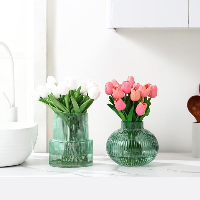 Ribbed Glass Vases, Set of 2 Fluted Vases for Flowers, Green Glass Vase for Tulips, Modern Vase for Living Room, Kitchen, Office, Entryway, Mantle, Bookshelf, Wedding Gifts, Birthday