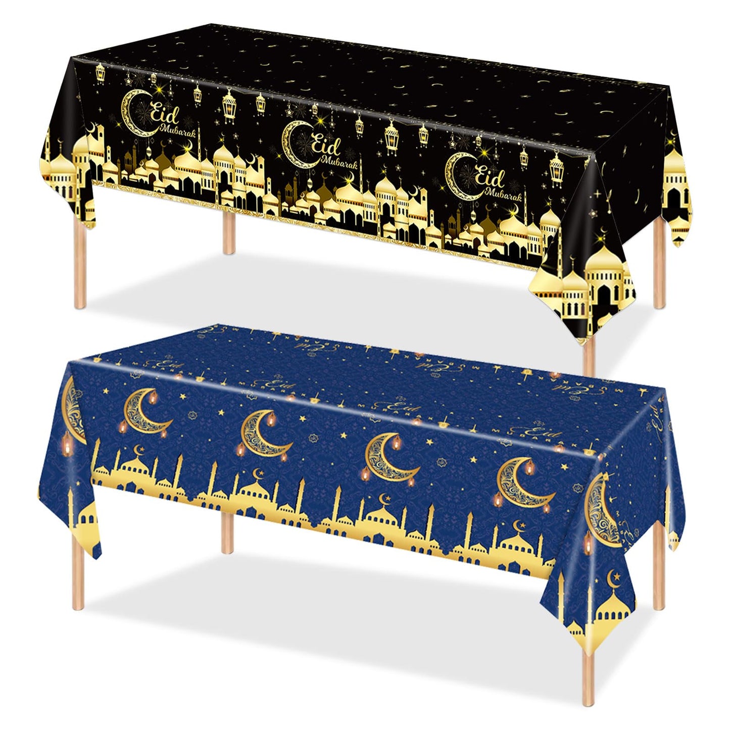 2PCS Eid Mubarak Tablecloths Ramadan Mubarak Table Cloths Eid Al-fitr Disposable Table Cover Islamic Eid Mubarak Decorations Moon Star Lantern Plastic Rectangle Tablecloth for Dinner Picnic 54"x108"