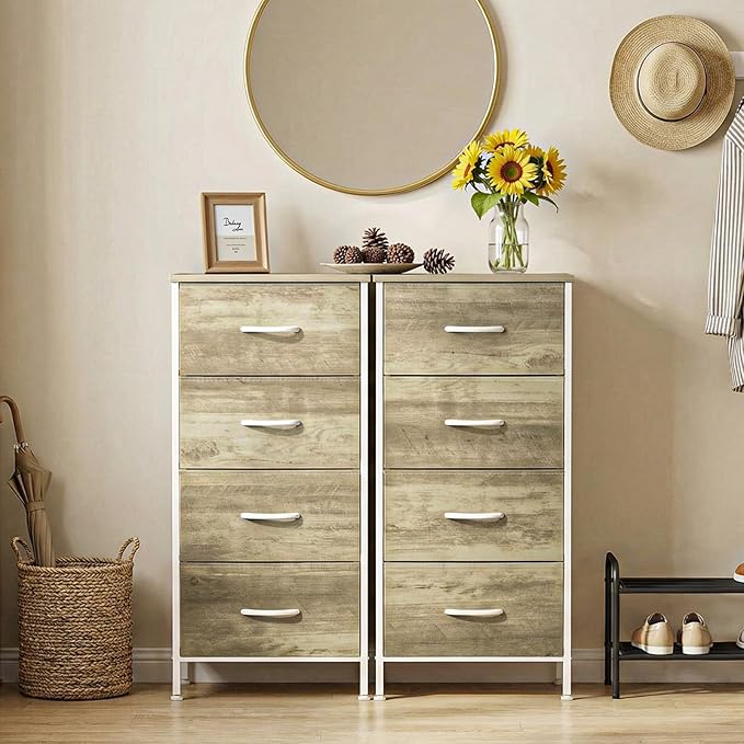 Sweetcrispy 4-Drawer Fabric Dresser Storage Tower Nightstand Chest | Small bedroom dresser and nightstand with sturdy frame,Perfect for closet,entryway,dorm,Easy assembly,Oak Greige