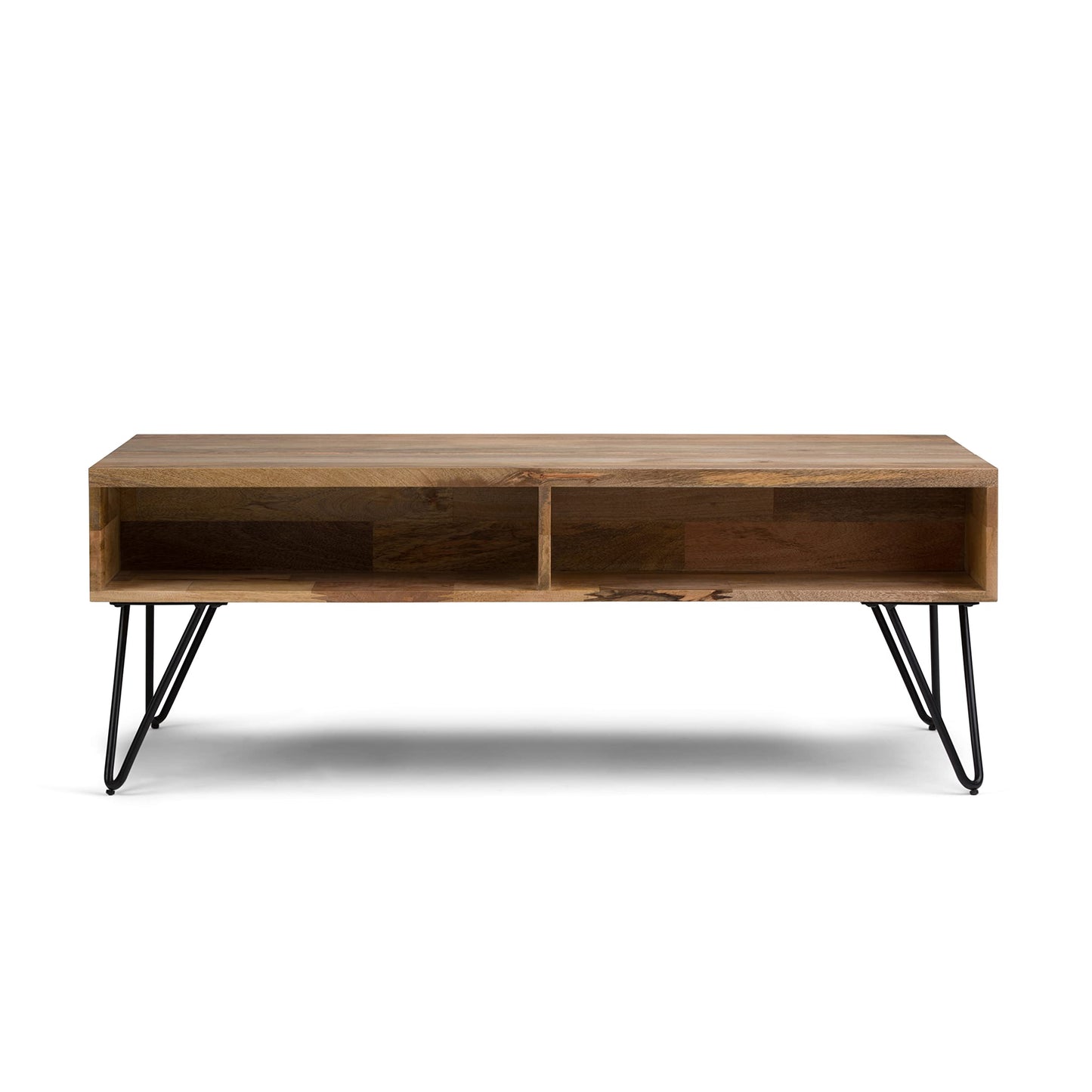 SIMPLIHOME Hunter Lift Top Coffee Table - 48 inch Wide Solid Mango Wood and Metal Industrial Cocktail Table in Natural, Functional Living Room Table with 2 Storage Cubbies and Hairpin Legs