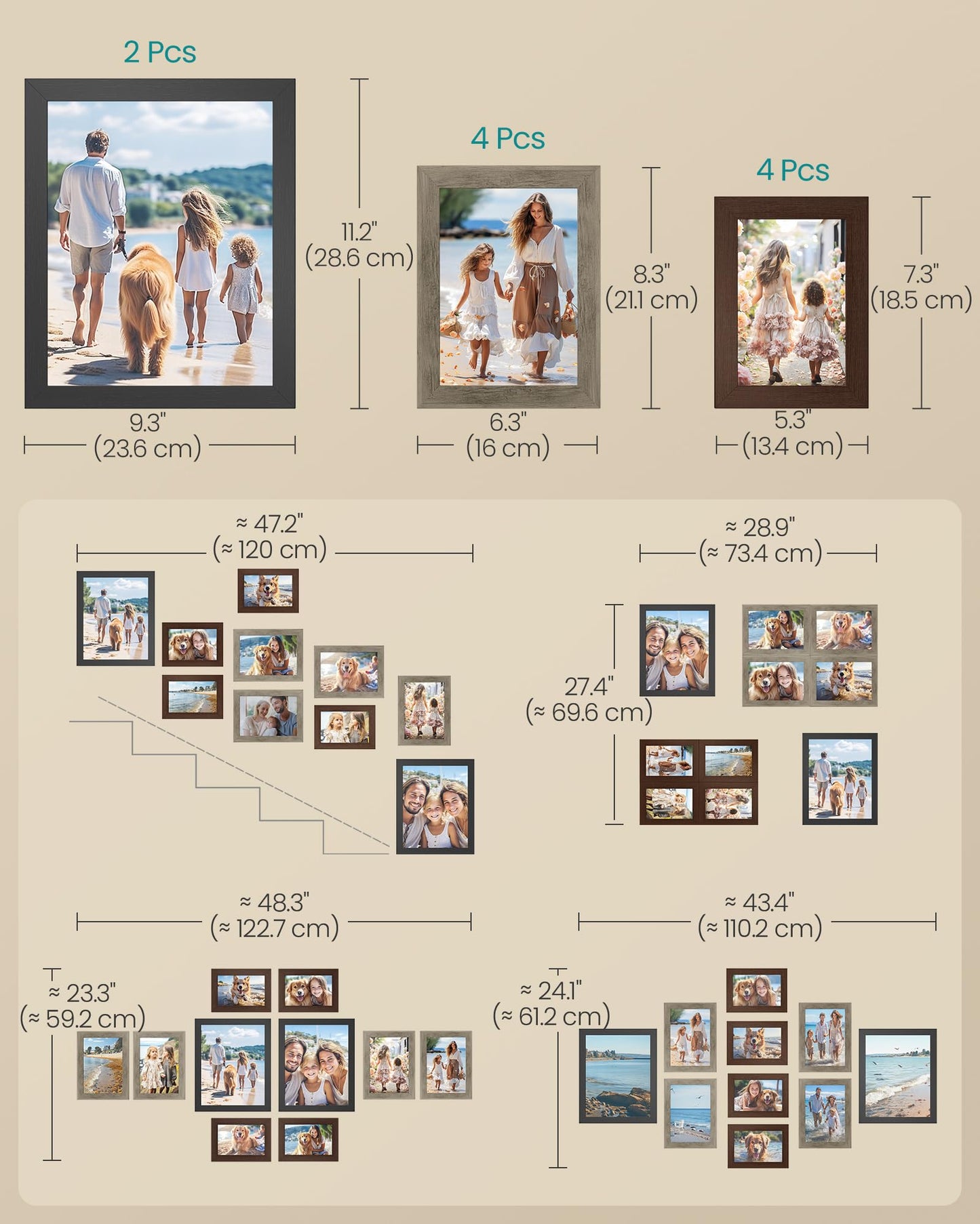 SONGMICS Picture Frames, Collage Picture Frames Set of 10, Two 8x10, Four 5x7, Four 4x6, Photo Frame for Wall Gallery Decor, Table Display, Glass, Maroon Brown, Heather Greige, Ash Black URPF010K03