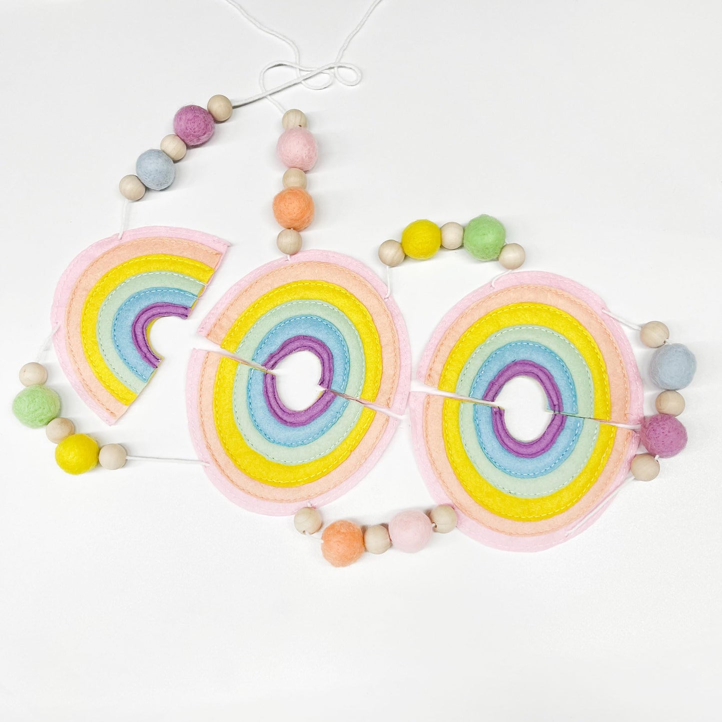 Pastel Pre-Strung Rainbow Banner Felt Wool Ball Wood Beads Garland Macaron Rainbow Garland for Women Kids Girls Unicorn Magic Birthday Party Decorations Sign Party Photo Prop Decor Supplies