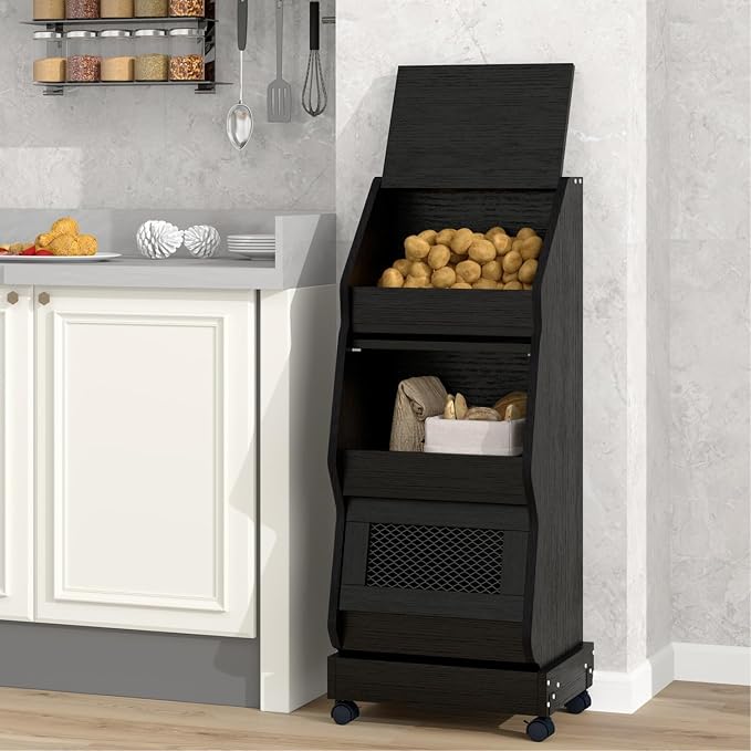 ARTETHYS Potato and Onion Storage Bin with Wheels Black Set of 2 Movable Bread Box with Lid Onion Organizer with Grocery Section Decorative Vegetable Organization Cabinet for Kitchen