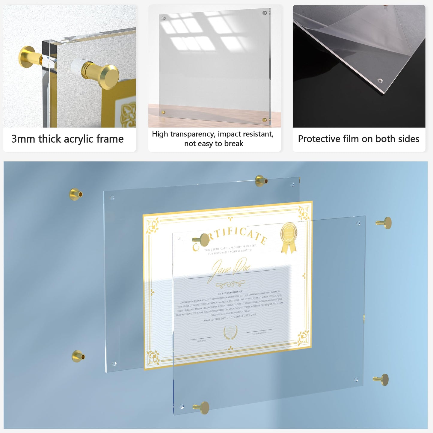 2 Pack 11X14 Acrylic Picture Frame for Wall, Clear Diploma Frames, No Drill Floating Frameless Photo Frame for Diploma Certificate Degree Document & Artworks Display, Graduation Gift for Students (2 Pack, Straight edge)