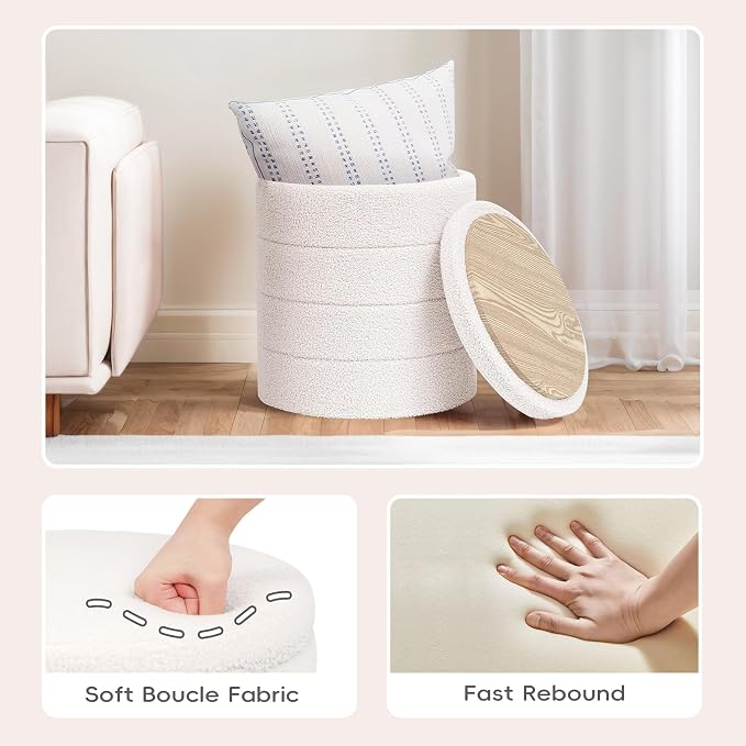 PINPLUS Round Storage Ottoman Foot Rest Stool with Tray Velvet Sherpa Folding Storage Ottoman,Boucle Foot Rest for Living Room, Bedroom, Dorm（White）