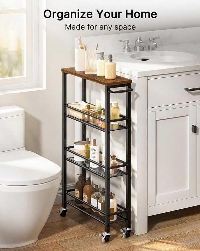 Pipishell Slim Storage Cart with Wheels - 4 Tier Rolling Kitchen Storage Cart with Handle and Wood Top, Metal Slim Bathroom Cart for Laundry Room, Bathroom, Kitchen, Narrow Space, Black & Rustic Brown