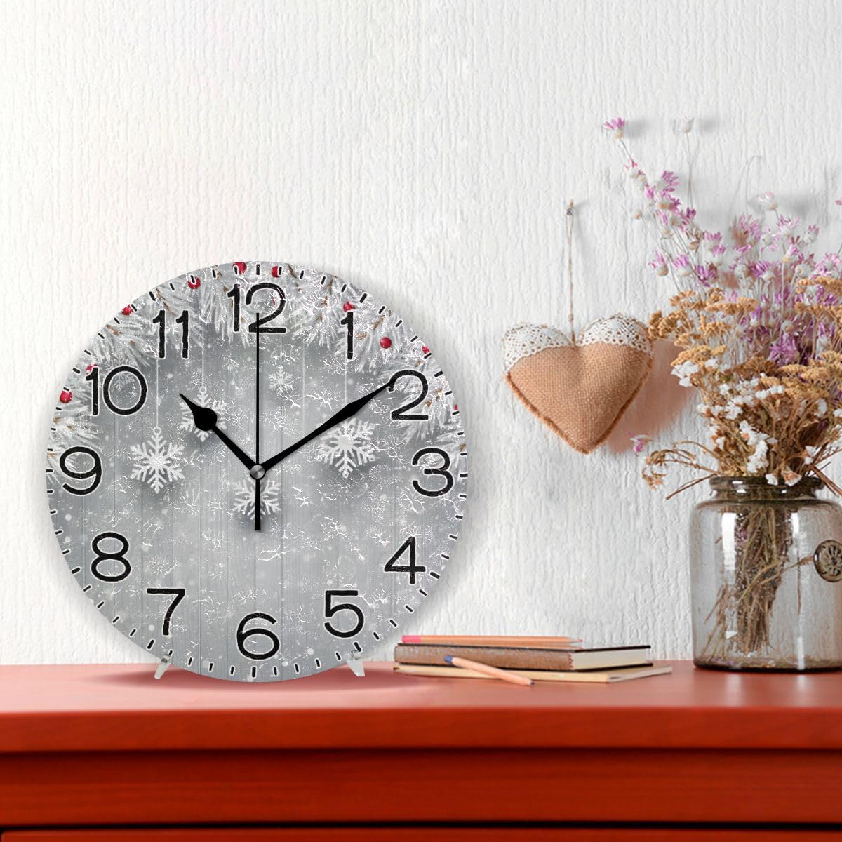 ALAZA Silver Christmas Tree Snowflake Wall Clock Battery Operated Non Ticking Silent Quartz Analog Rustic Farmhouse Round Clock Retro Decor for Home Kitchen Living Room Bathroom