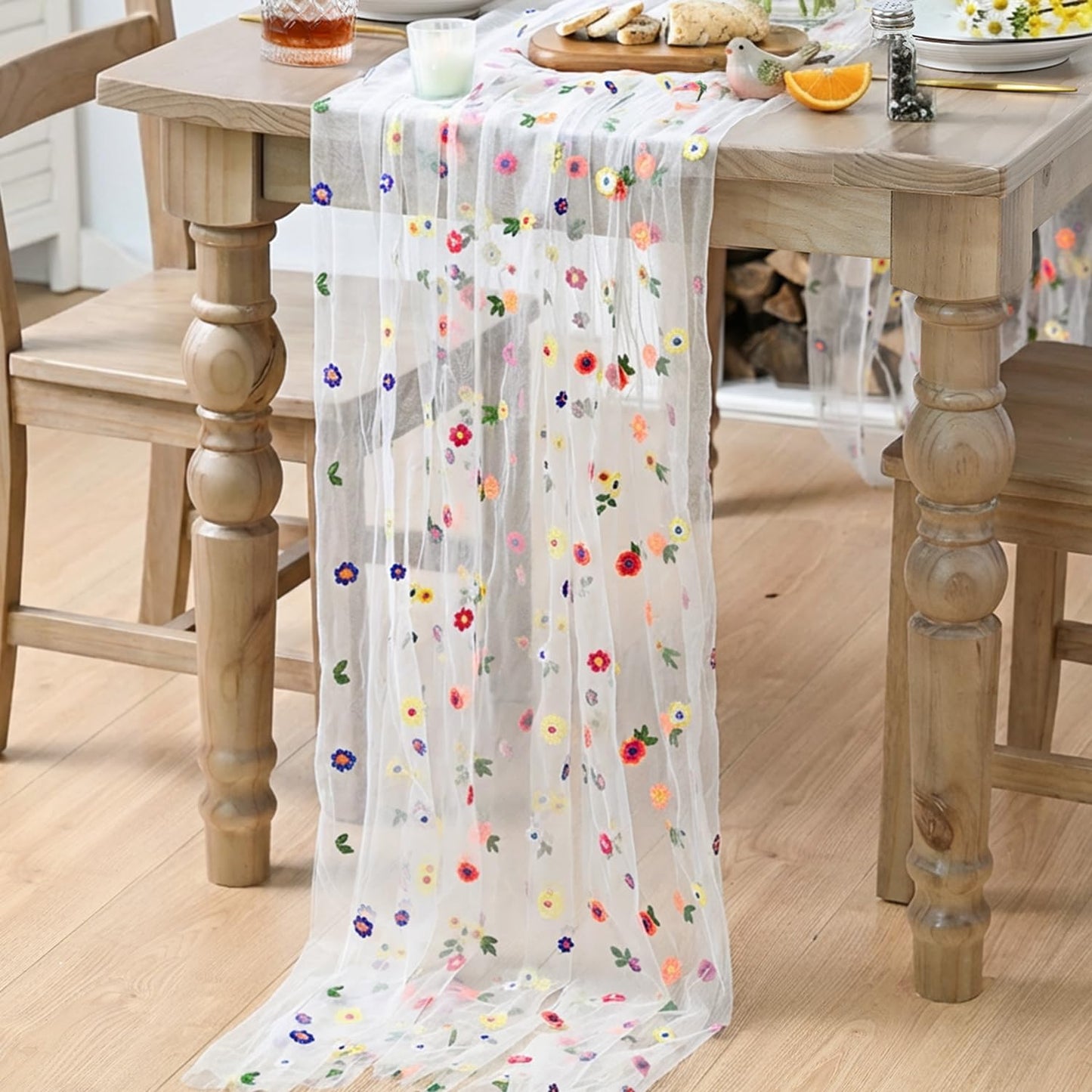 Artoid Mode Embroidery Daisy Gauze Table Runner 120 Inch 10FT, Seasonal Sheer Kitchen Dining Holiday Wedding Birthday Table Decor for Home Party