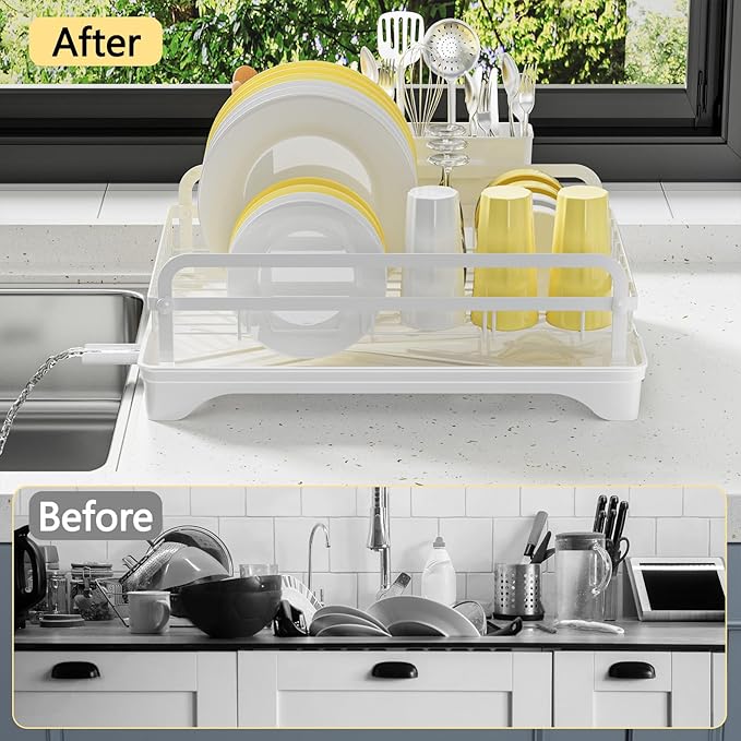 LIYI Dish Drying Rack for Kitchen Counter - Kitchen Dish Rack with Drainboard, Small Dish Drainer with Utensil Holder for Sink, 16.5" D x 11.6" W x 6.6" H, White