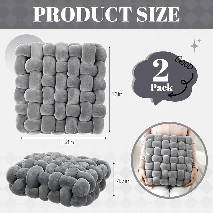 Wenqik 2 Pcs Knot Pillows Square Knotted Plush Throws Soft Accent Pillows Decoration Cushion for Couch Home Office Living Room Bedroom Bed Sofa Decor, 12'' x 13''(Light Gray,Crystal Velvet)