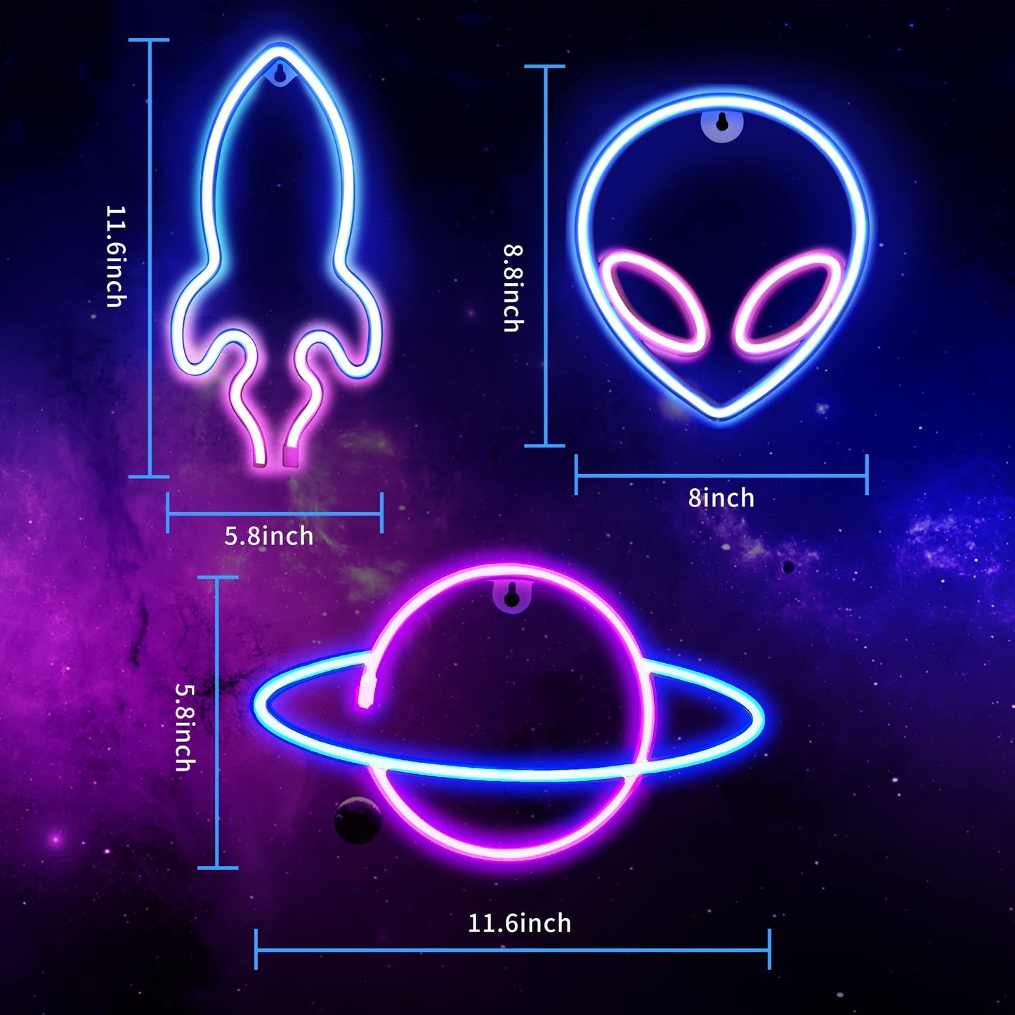 Neon Signs for Wall Decor, 3PCS LED Neon Lights for Bedroom, USB or Battery Powered Light Up Space Themed Alien Planet Rocket for Kids, Teen Boys, Gaming Room, Bar, Birthday, Cool Decoration Aesthetic