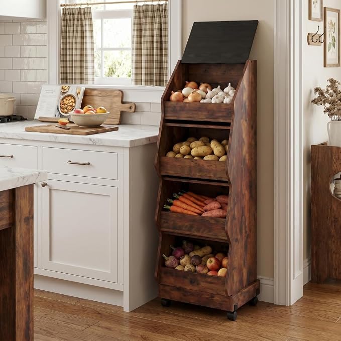 ARTETHYS Potato and Onion Storage Bin On Wheels, Movable 4 Tiers Freestanding Garlic and Onion Box Organizer, Bread and Vegetables Storage Cabinet Rack for Kitchen, Rustic
