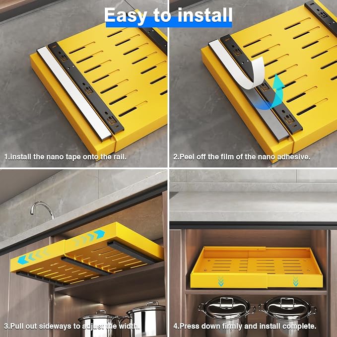 Mustorn 2 Pack Pull Out Cabinet Organizer, Expandable Slide Out Drawers for Kitchen Cabinets Peel and Stick Pullout Drawer Heavy Duty Sliding Shelves for Cupboard, Pantry, Bathroom(16.5" Deep, Yellow)
