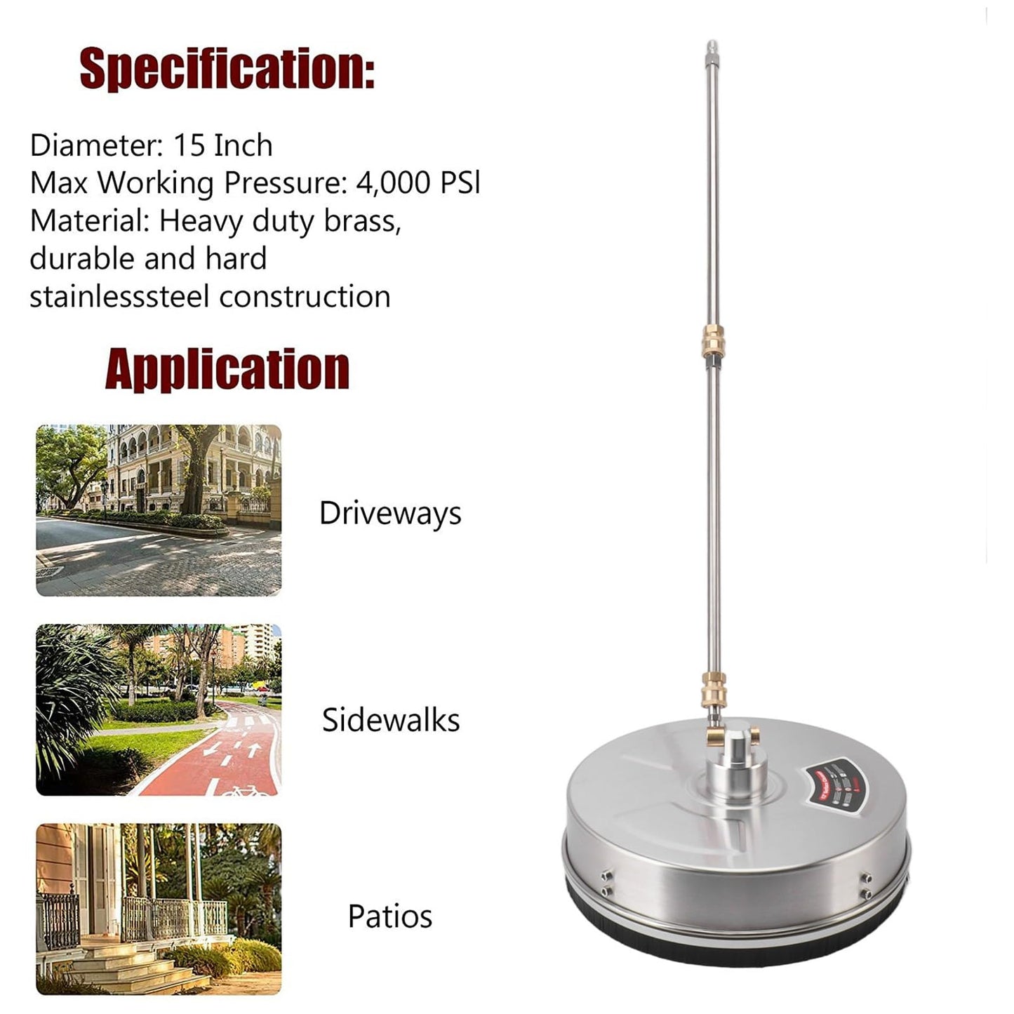 TRELVEX 13 Inch Stainless Steel Pressure Washer Surface Cleaner 4000 PSI with ExBar for Driveways and Sidewalks Pressure Washer Attachment